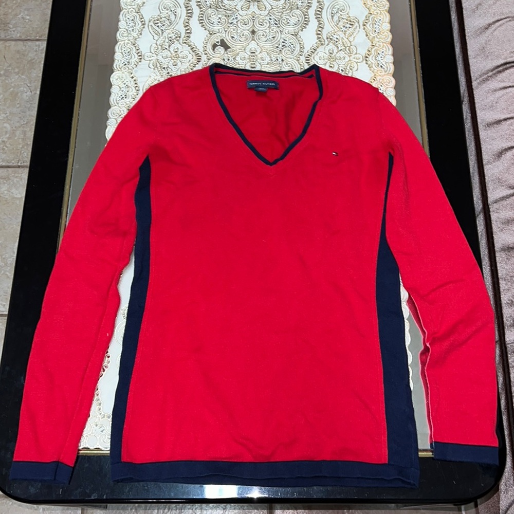 Tommy Hilfiger red and navy blue v-neck sweater